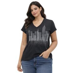 DKNY Jeans Black Skyline Graphic V-Neck Tee Size XL